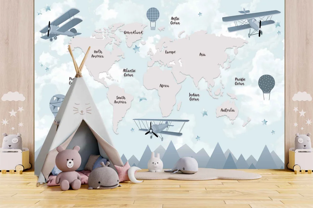 Fototapeta Błękitna Mapa Świata I Samoloty