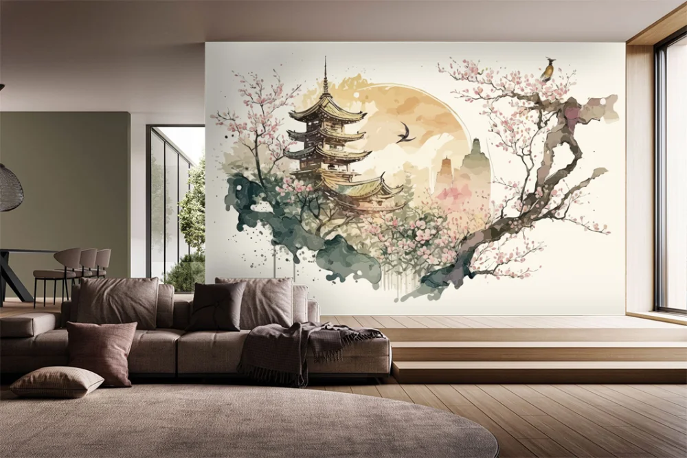 Fototapeta Japoński Domek I Kwitnąca Sakura