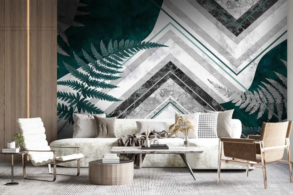 Fototapeta Geometria Szarego Marmuru Z Liśćmi