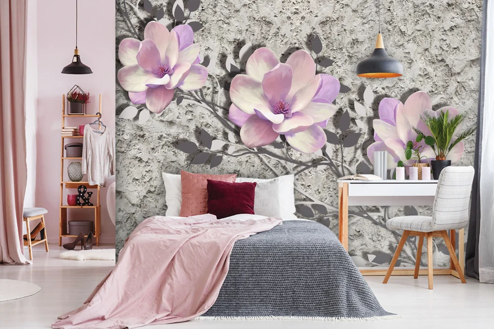 Fototapeta Różowa 3D Magnolia I Beton