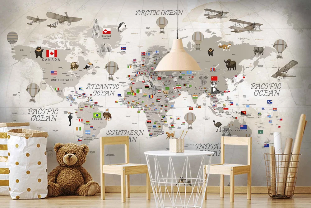 Fototapeta Szara Mapa Świata Dla Dzieci