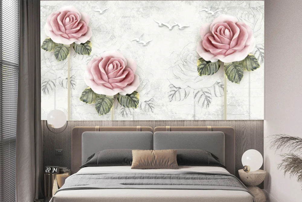 Fototapeta Trzy 3D Róże I Ptaki